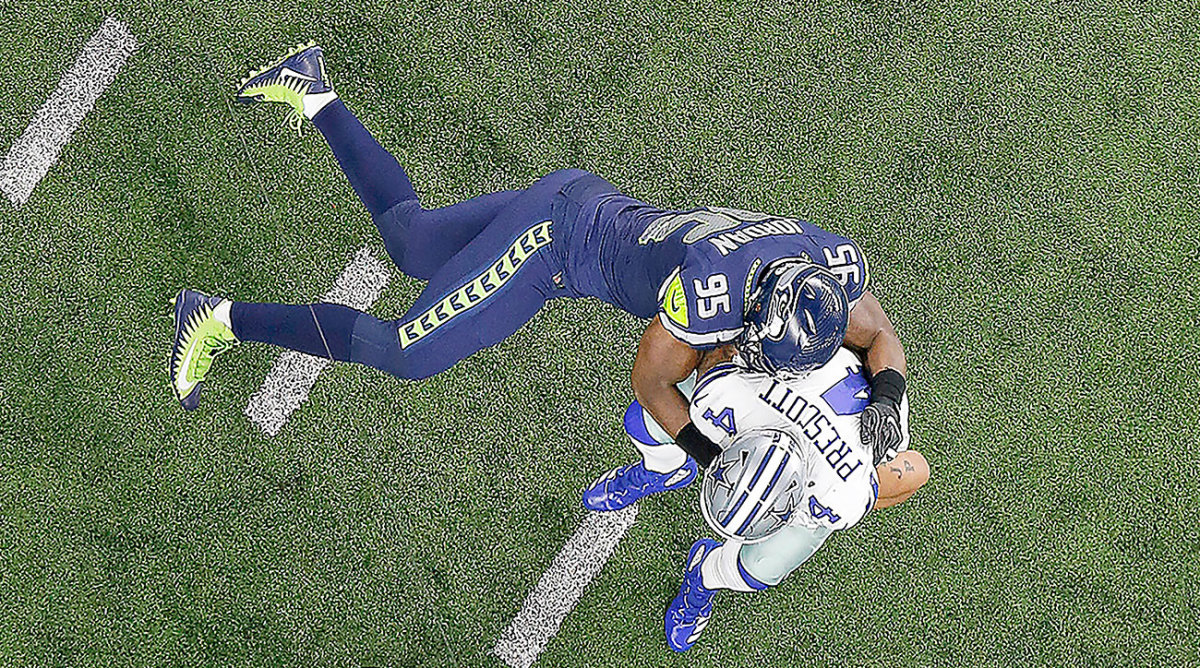 Jordan took down Dak Prescott in Seattle’s season-saving win in Dallas in Week 16. 
